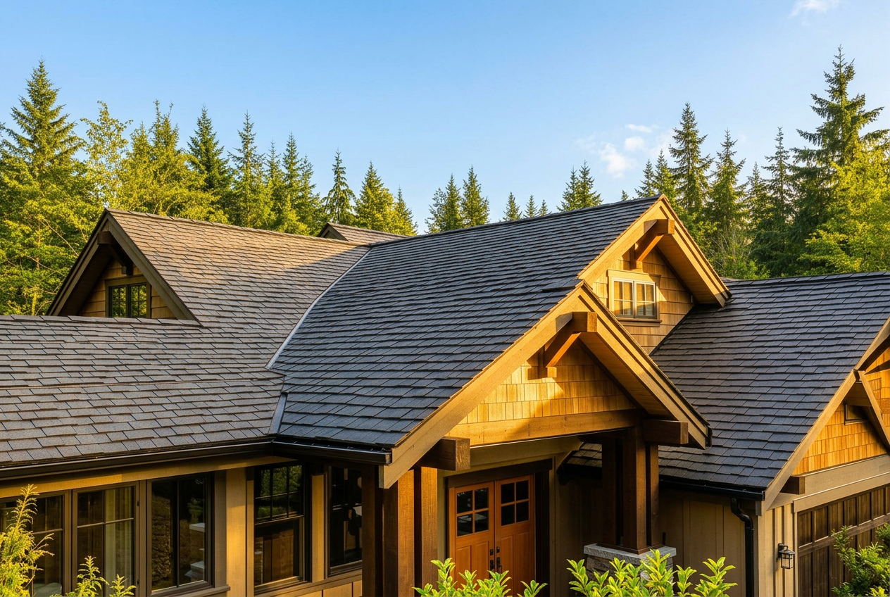 Newly installed dark architectural shingle roof on a Pacific Northwest craftsman home